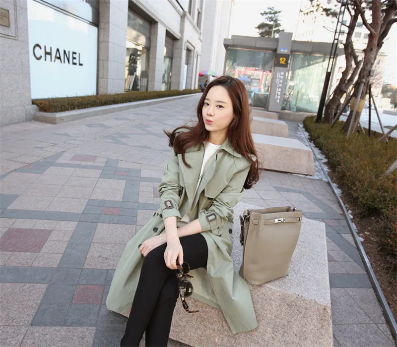 Длинное пальто для женщин повседневное приталенное двубортное пальто весна/осень Женское пальто с карманом N644 - Цвет: Green
