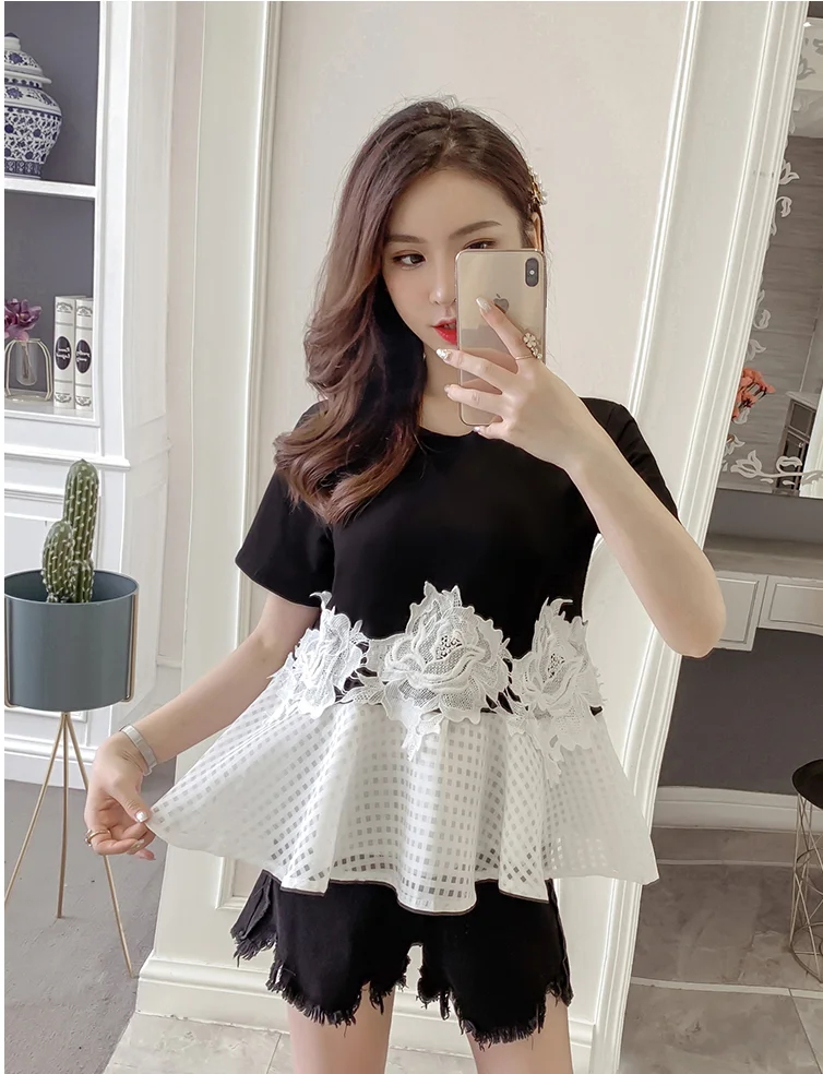 

2019 Hot selling girls fashion top shirts women's summer cool ruffle black white short sleeve slim tops school girls XL M #A310