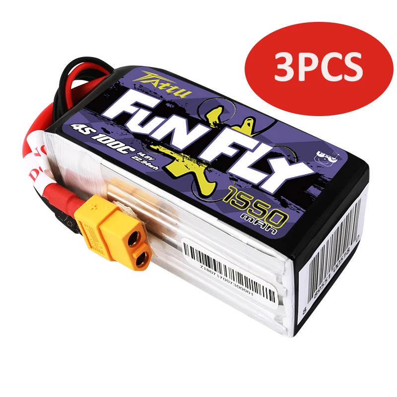 

3pcs Tattu FUNFLY 1300mAh 1550mAh 4S LiPo Battery 14.8V 100C with XT60 Plug with XT60 Plug for RC Drone FPV Racing Parts
