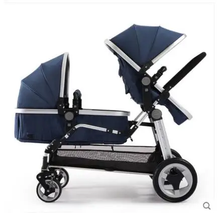 Многофункциональная детская коляска для близнецов с высоким пейзажем, детская коляска с двойным складывающимся передним и задним откидным сидением, 2in1baby carry - Цвет: deep blue