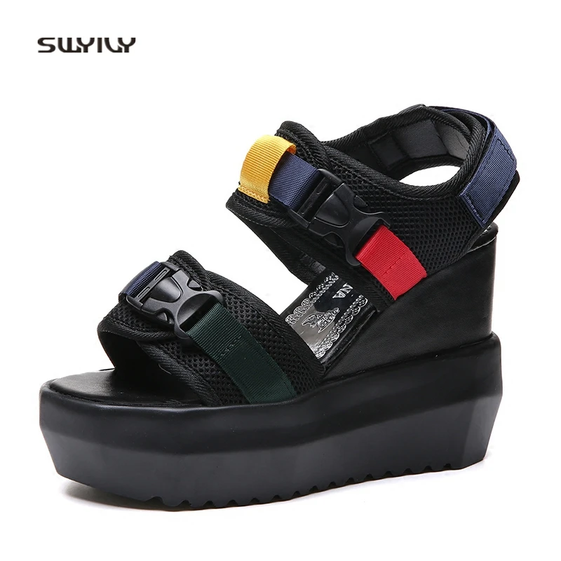 SWYIVY Women Sandas Shoes Platform 2018 Female Comfortable Wedge Summer Casual Shoes Fish Toe Buckle Rome Sandals Shoes Beach