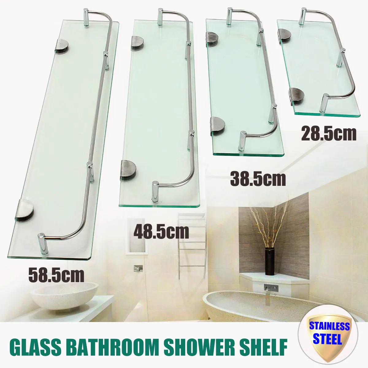 Billige Bad Glas Dusche Regal Rack Organizer Halter Rechteck Tier Bad Hardware Shampo Spiegel Front Rack Wand Halterung Regal
