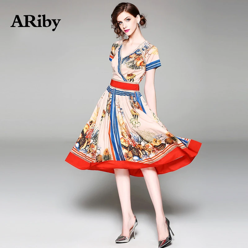 Dress Women Summer V Collar Dress 2019 New Lady Elegant Vintage Short Sleeves Slim Printed Hollow Out A-Line Dress Plus Size