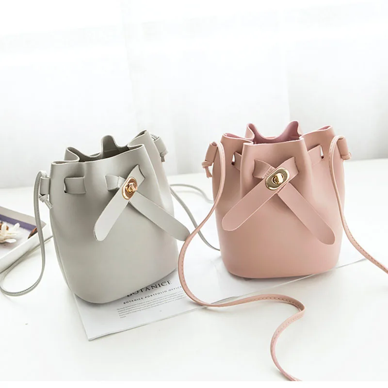 

2019 New Women Fashion PU Leather Solid Hasp Shoulder Bag Small Bucket Candy Color Mini Handbags Travel Party Gift Bags