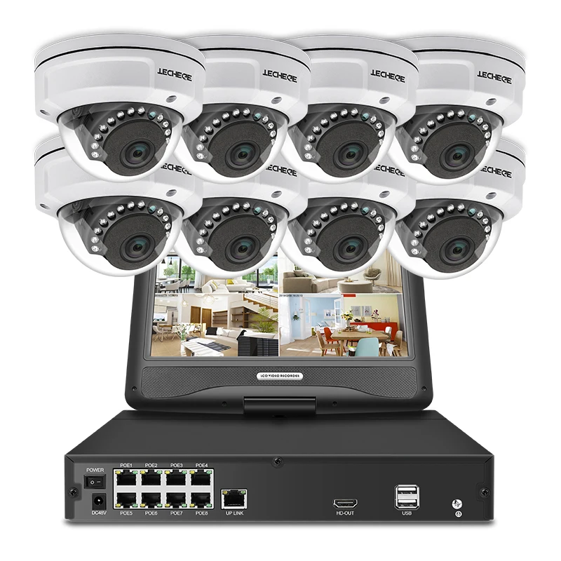 Techege 8CH 1080P POE NVR kit With 10.1'' LCD Monitor 2MP 3000TVL Vandalproof PoE IP Camera Night Vision Video Surveillance Kit