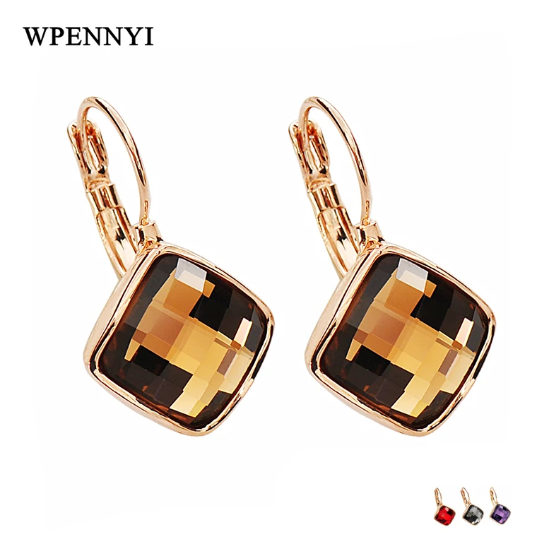 

Colourful Rose Gold Color Simple Square Sections Gray Champagne Purple Red Zirconia Woman Drop Earring Wholesale