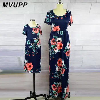 

MVUPP Mother daughter dresses Fashion Floral Print Short sleeve mommy and me clothes Family matching outfits Ankle-length dress