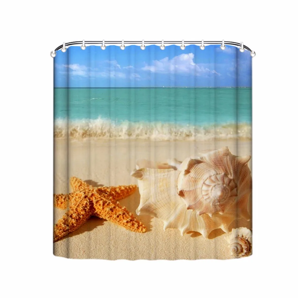 Tropical Beach Shower Curtains Starfish Shells Fabric Bathroom Curtain SPA Waterproof Shower