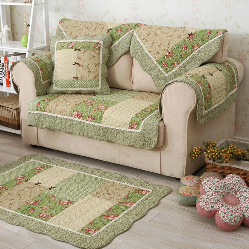 Хит, осенне-зимний Хлопковый чехол для дивана с цветочным принтом в горошек, лоскутное стеганое одеяло для дивана, коврик для пола, нескользящее полотенце для дивана, домашний декор - Цвет: Зеленый