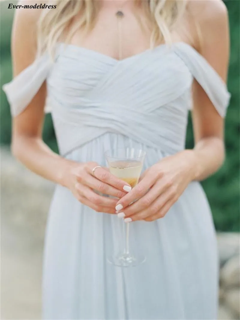 Пыльно-синие богемные платья подружки невесты с открытыми плечами в стиле вестерн кантри летнее платье подружки невесты дешевое свадебное платье для гостей