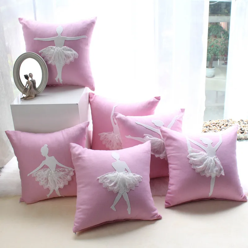 

Cotton Linen Handmade Pillow Case Dancing Girl Lace Applique Pink Cushion Cover Wedding Decoration Sweet Princess Cushion Cover