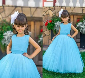 

Beautiful Tulle Flower Girl Dress For Special Occasion Blue Belt Cheap Price Custom Made For Gilrs Birthday Party Prom Dress