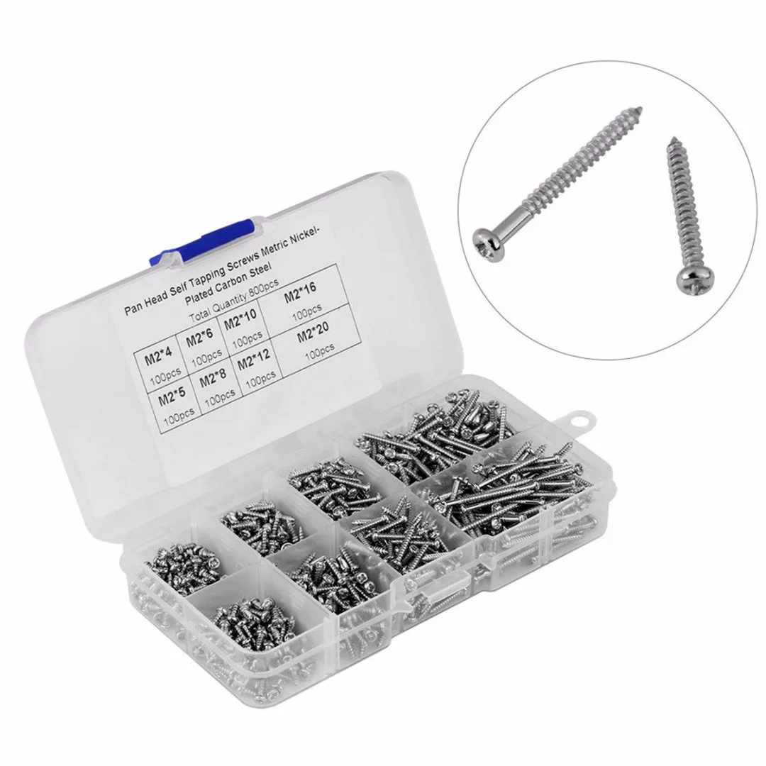 

800pcs M2 Screw Stainless Steel Cross Drive Pan Head Self Tapping Screws Assorted Fastener For Electrical Appliances Machinery