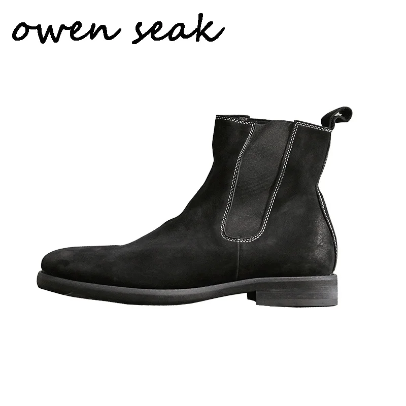 

Owen Seak Men Chelsea Boots High-TOP Ankle Shoes Luxury Trainers Cow Leather Male Casual Sneaker Spring Boots Flat Black Shoes