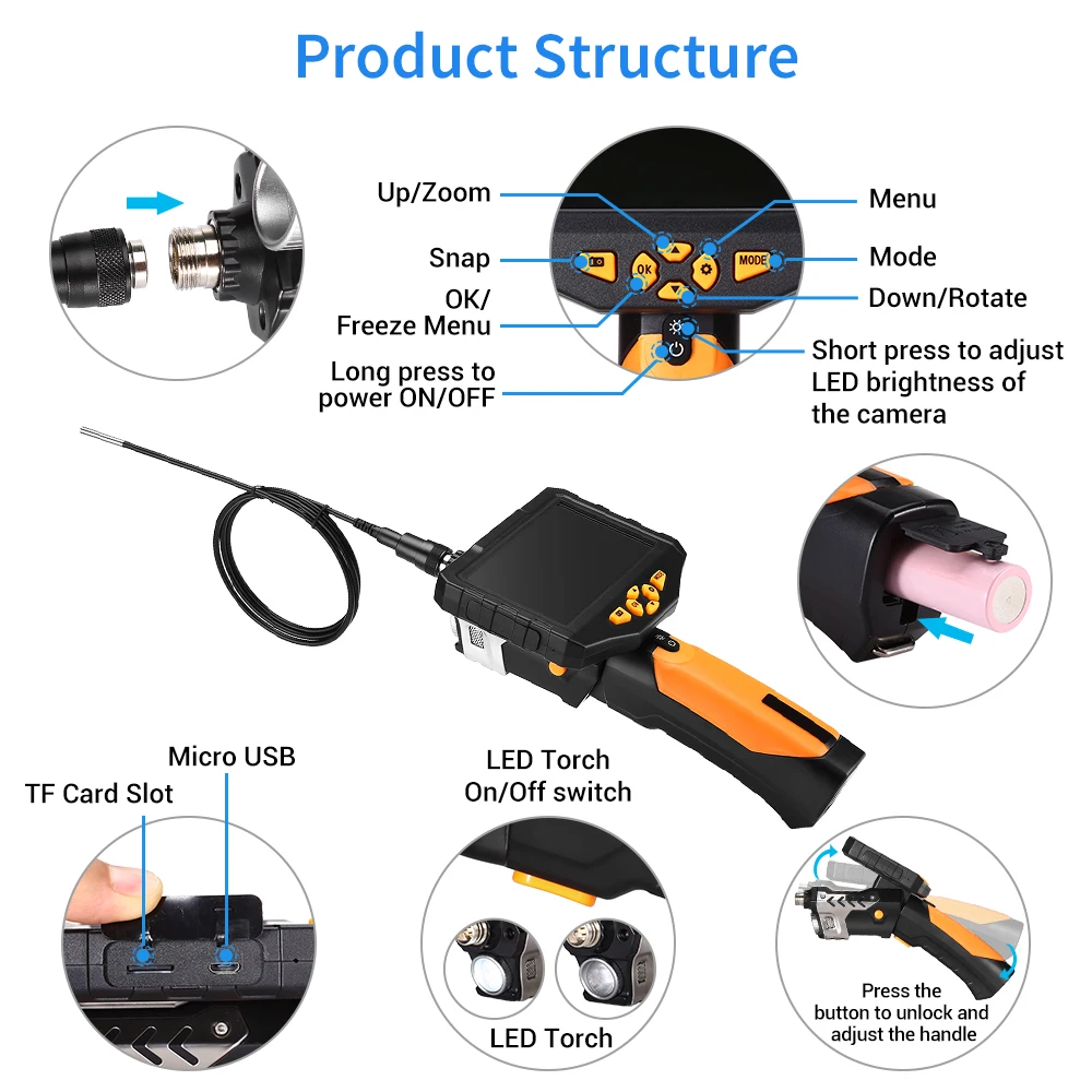  EYOYO NTS300 Dia 3.9mm Inspection Camera 4.3 LCD Monitor 720P Endoscope Borescope Inspection 1M Tub