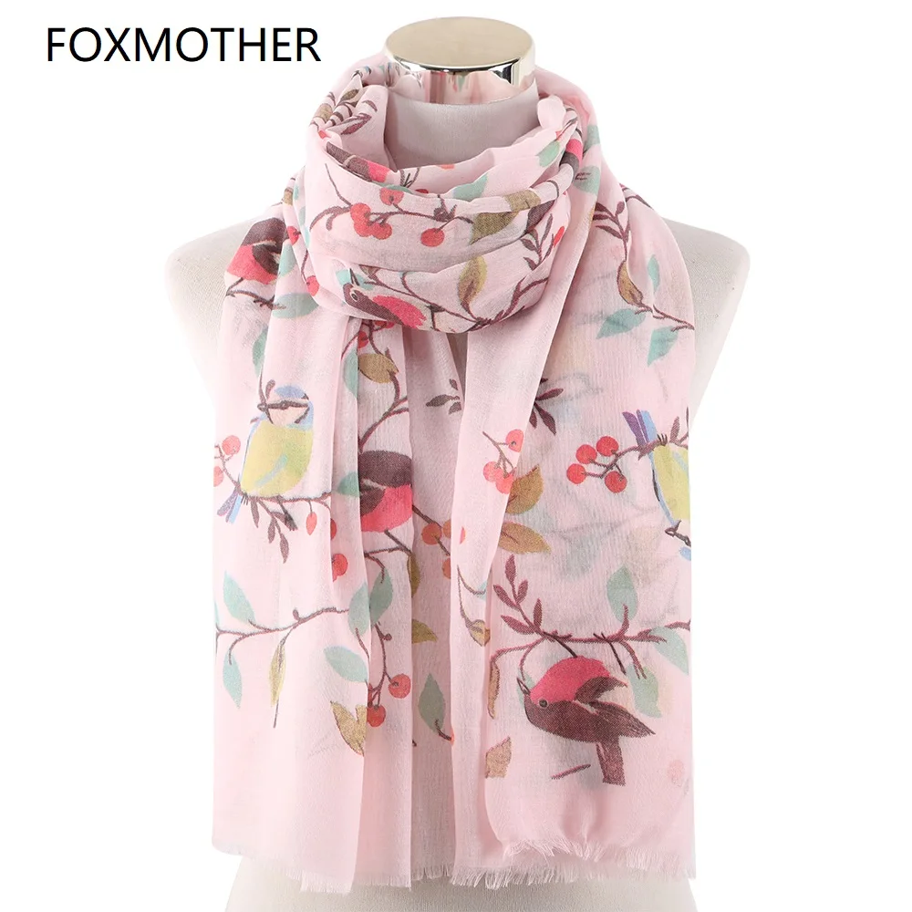 

FOXMOTHER New Design Spring Pink White Bird On Branch Print Scarf Lightweight Bird Shawl Wrap Ladies Fashion Scarves Women 2019