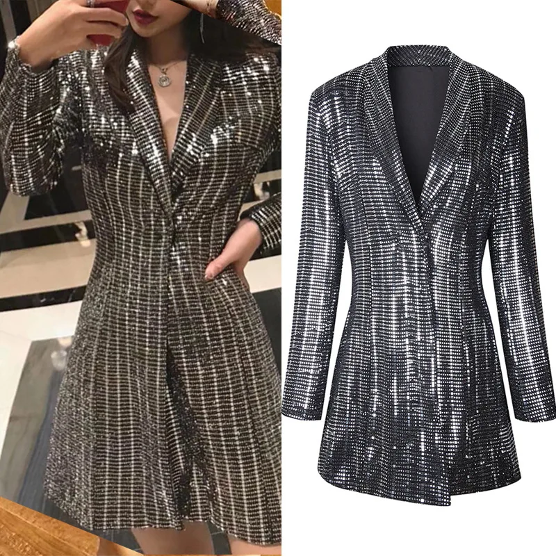 women shiny long blazer for party night