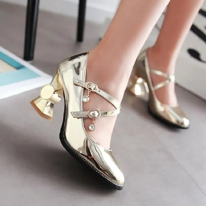 

US4-11 Womens Shiny Cross Strappy Mary Janes Pumps High Block Heels Girls Casual Shoes Rhinestones Crystal Pointed Toe Plus Size