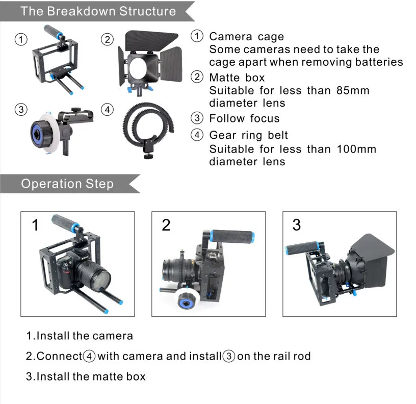 Набор для зеркальной фотокамеры, портативный набор для DSLR, набор для клетки, стабилизатор для видеокамеры+ Матовая коробка+ непрерывный фокус для 6D 7D 60D 70D 5DII