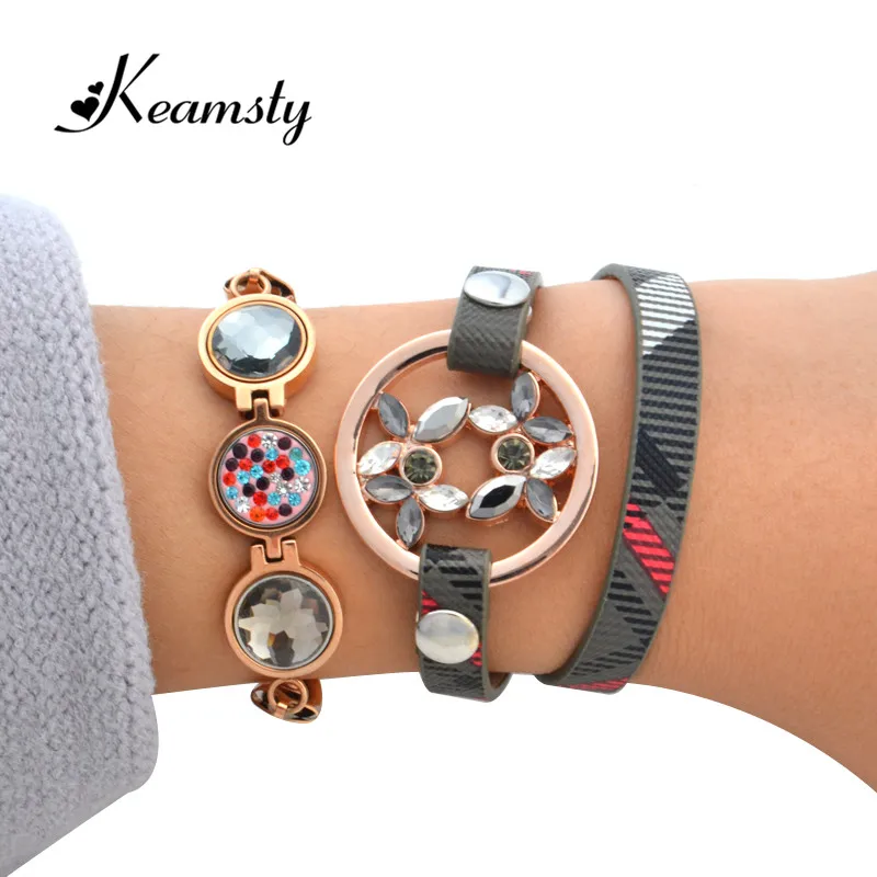 Keamsty a cuadros moda banda de cuero con 1 unids 33mm oro rosa de cristal moneda y intercambiable cambio pulsera con 3 unids XS monedas Keamsty a cuadros moda banda de cuero con 1 unids 33mm oro rosa de cristal moneda y intercambiable cambio pulsera con 3 unids XS monedas