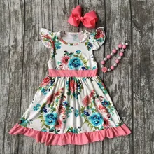 summer cotton design new baby girls kids boutique clothes coral dress sets mint floral ruffles with matching accessories set