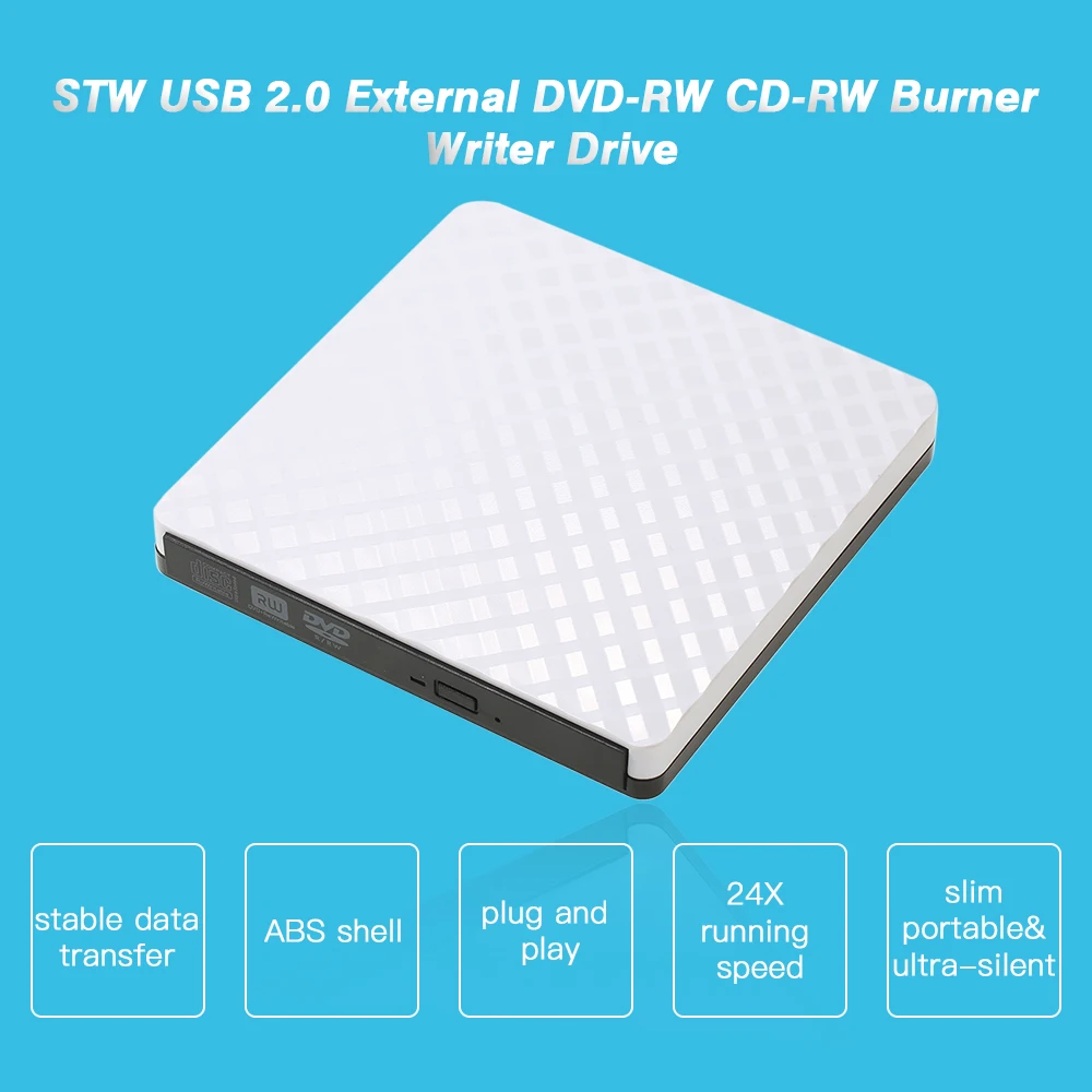 STW портативный USB 2,0 Ультра внешний DVD-RW CD-RW Пишущий привод для ПК компьютера Настольный Ноутбук STW-8038 для Windows белый