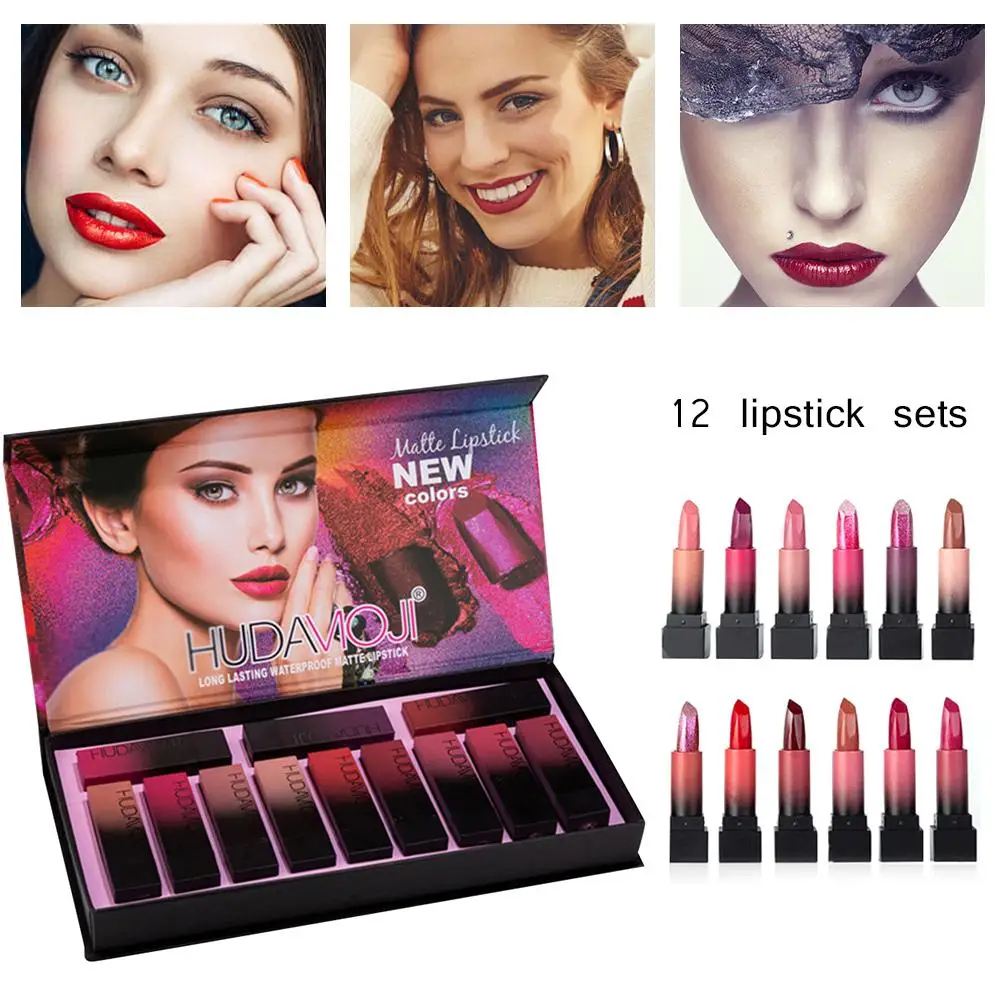 

HUDA MOJI 12 Pack Lipsticks Multi-Color Long Lasting Non-Stick Cup Glamour Lipstick Matte Misty Smooth Moisturizing Lip Gloss