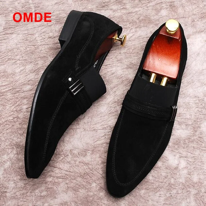 OMDE Black Men Suede Shoes New Arrival Pointed Toe Loafers Men Slip On Casual Shoes High Quality Men's Smoking Flats