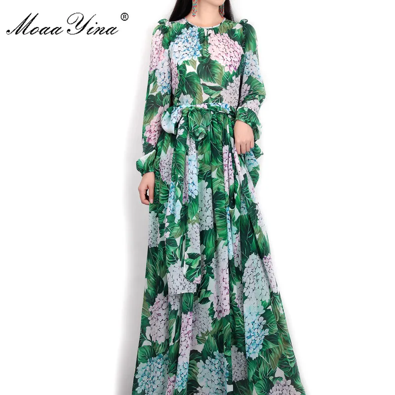 MoaaYina, летнее подиумное макси платье, женское, с длинным рукавом, повседневное, богемное, вечерние, праздничное, с зелеными листьями, с цветочным принтом, длинное платье