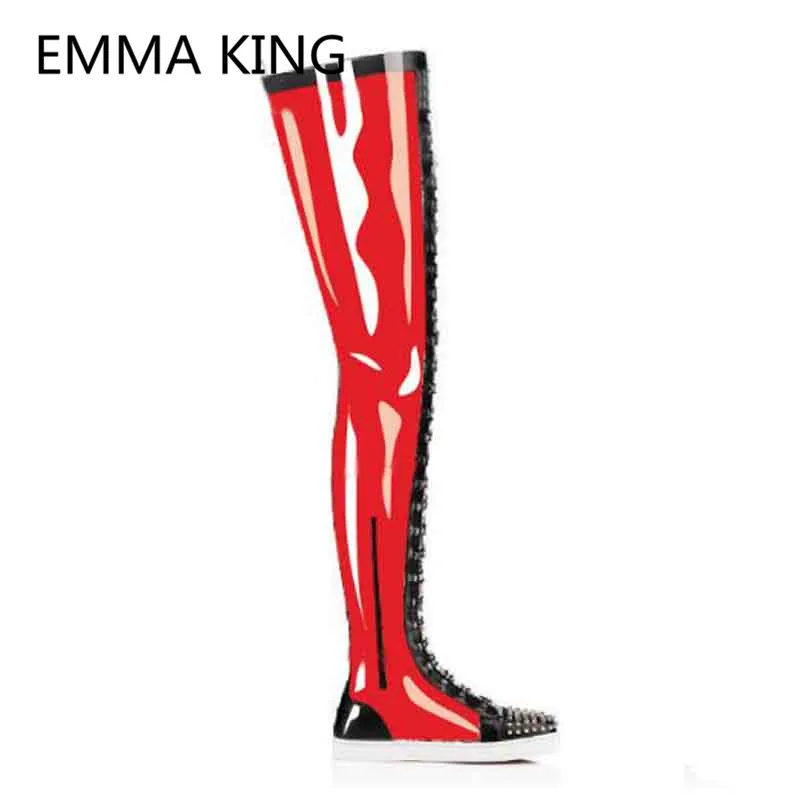 

2019 PVC Transparent Women Over The Knee Flats Boots Round Toe Rivets Casual Ladies Platform Shoes Woman Rubber Rain Boots Mujer