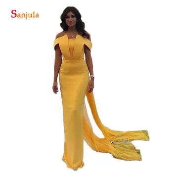

Yellow Evening Dresses Long 2020 Sheath Off the Shoulder Evening Gowns Abiye abendkleider Formal Dress Back Slit Chiffon D826
