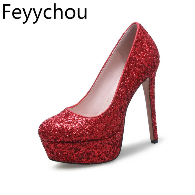 

Women Pumps Super High Heel Sexy Fashion 2018 Spring Autumn Round Toe Slip on Sequined Cloth Party Wedding Shoes Pink White Red