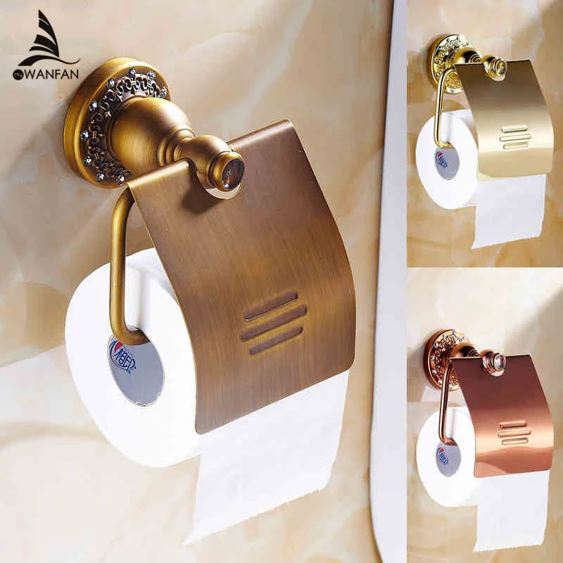 

Luxury Golden Waterproof Paper Holder Bathroom Accessories Crystal Tissue Roll Holder Retro Style Wall Mounted Paper Holder 6210