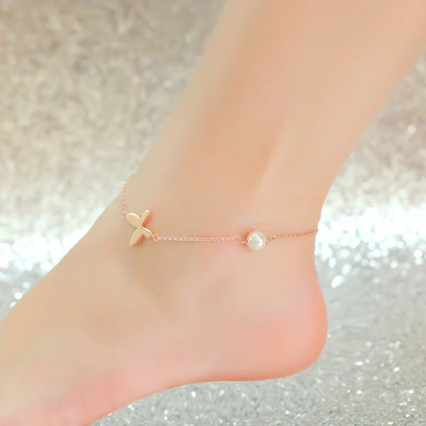 Top Quality 18KGP Rose Gold Plated Titanium Steel Butterfly Pearls Anklet Fashion Brand Jewelry for Women