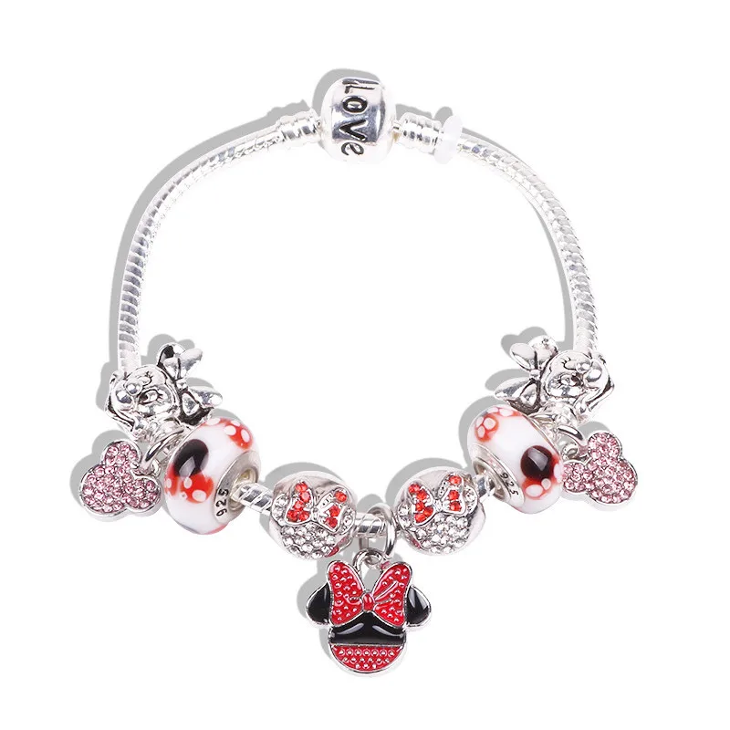 Couqcy милый дизайн красные хрустальные бусины-короны талисманы Микки Браслет Minnie серебряный цвет сплав бусины для женщин браслеты подарок