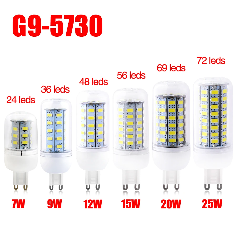 Дешевые Bombilla светодиодный лампочка g9 SMD5730 G9 AC 110V 220V 7 Вт, 9 Вт, 12 Вт, 15 Вт, 20 Вт, 25 Вт светодиодный кукурузы лампочки с ампулой яркий 24 72 светодиодный s холодный теплый белый