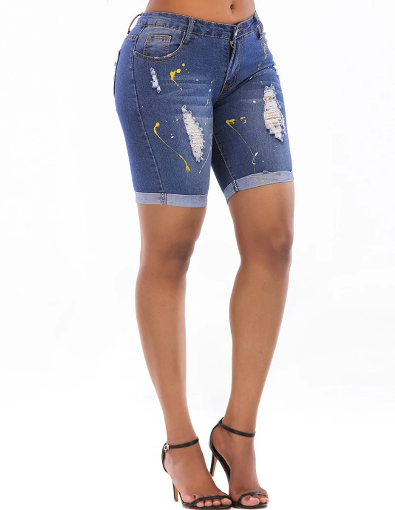 

summer sexy short Jeans Women High Waist Skinny Pencil Denim Pants ripped hole cropped Stretch Jeans knee length shorts women