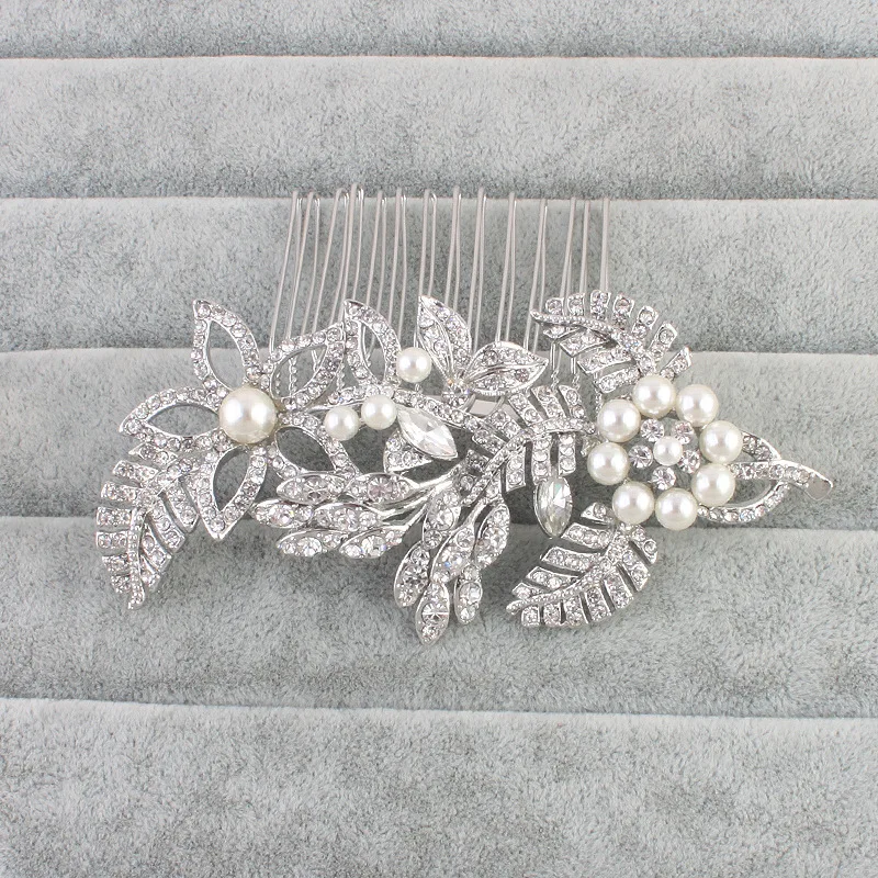 

SLBRIDAL New Arrival Art Deco Clear Rhinestones Crystal Pearls Flower Leaf Wedding Hair Comb Bridal Hair Accessories Bridesmaids