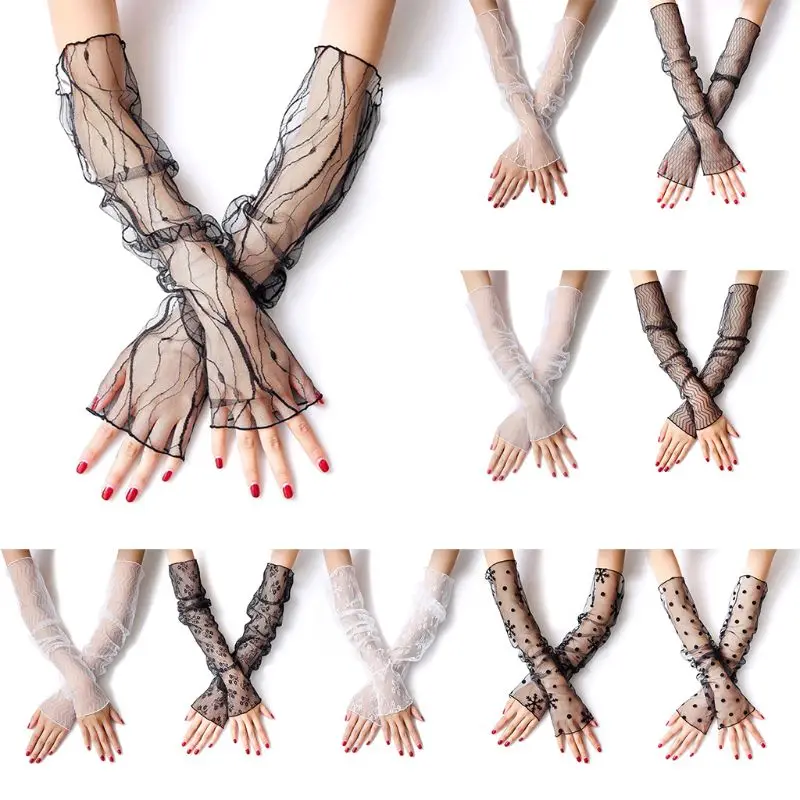 

Women Girls Summer UV Protection Sunscreen Long Gloves Sheer Fishnet Mesh Lace Fingerless Arm Sleeves Jacquard Floral Leggings