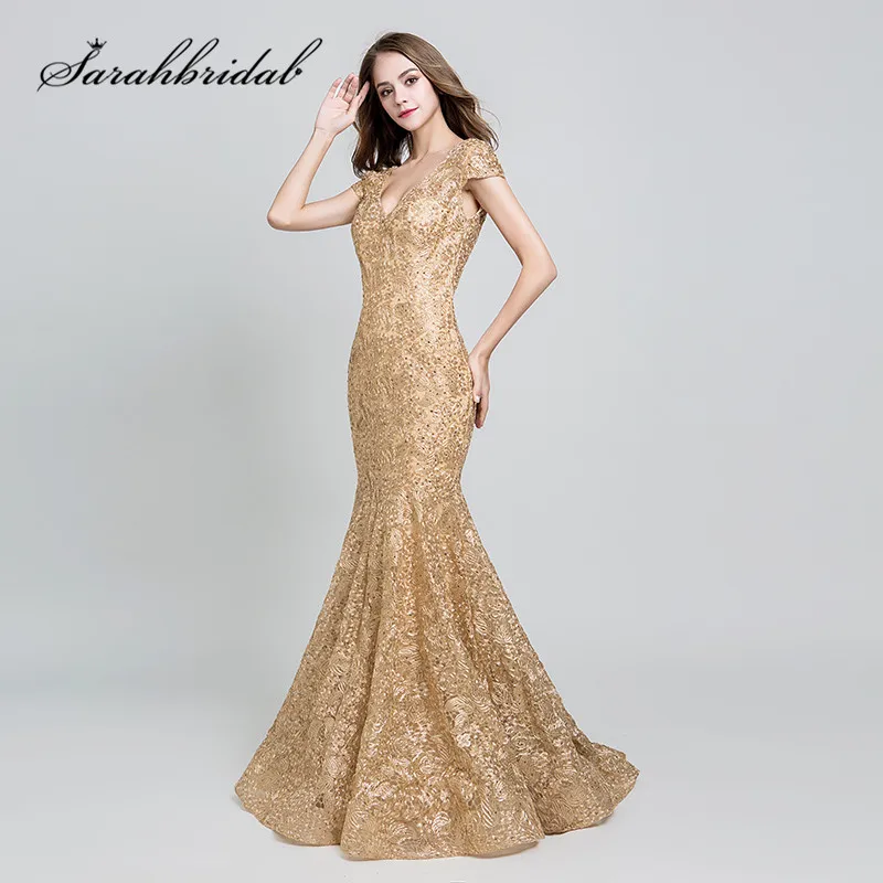 Elegant Evening Dresses Long Gold Lace Embroidery Sexy V Neck Backless Short Sleeves Mermaid Mother of the Bride Formal Gowns