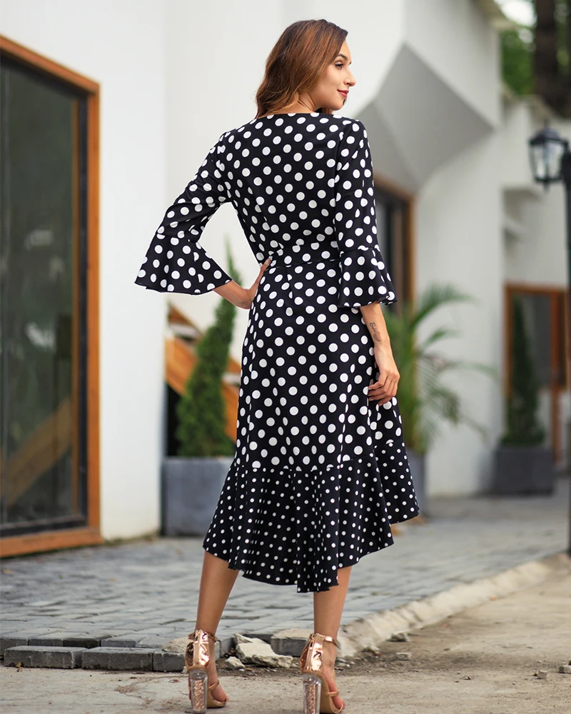 Осеннее новое платье в горошек для женщин, Boho, с высокой талией, с рукавом три четверти, асимметричный силуэт, оборки, v-образный вырез, богемное платье черного цвета