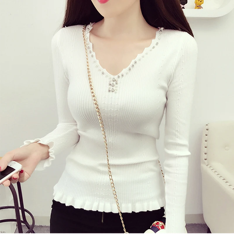 Spring Autumn Women Sweater 2019 New Fashion Beading V-neck Knitted Tops Solid Slim Elasticity Knit Pullover Sweater Female Y87