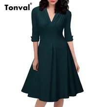 Tonval, сексуальное винтажное платье с рюшами и v-образным вырезом, женские рокабилли, 1950 S, Одри, Ретро стиль, зеленые Свинг платья