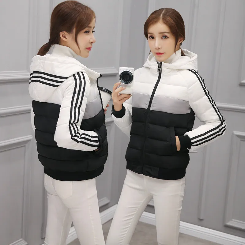 Fashion women autumn winter jacket long sleeve with hood slim stripe parkas casual gradient color style