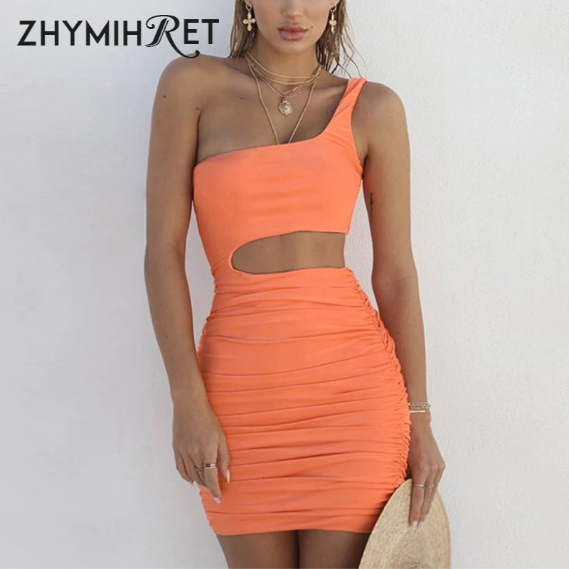 

ZHYMIHRET Sexy One Shoulder Ruched Summer Dress For Women Hollow Out Waist Mini Dress Party Bodycon Robe Femme Bandage Vestido