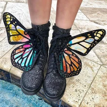 Мода большая бабочка женские ботильоны блеск кожи Bling Обувь для подиума роскошная дизайнерская обувь для женщин женские сапоги