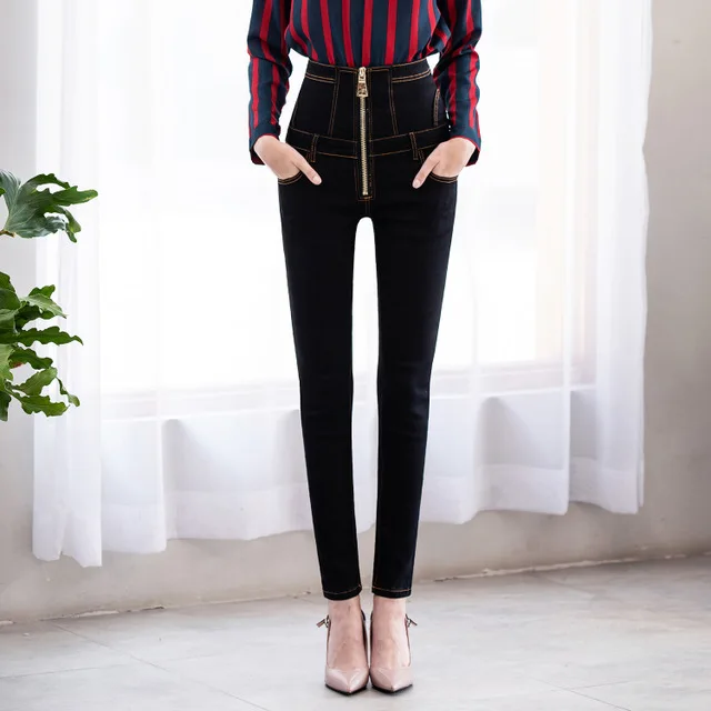 Women's Summer New High Waist Zip Jeans Street Influx Washed Bandage Hip Pants Pants Slim Pants Women's Summer New High Waist Zip Jeans Street Influx Washed Bandage Hip Pants Pants Slim Pants