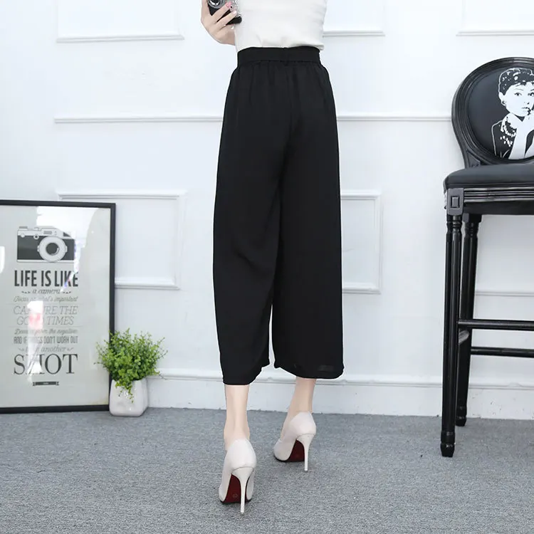 Woherb летние тонкие шифоновые широкие брюки женские повседневные однотонные брюки с высокой талией корейского размера плюс женские брюки 21070