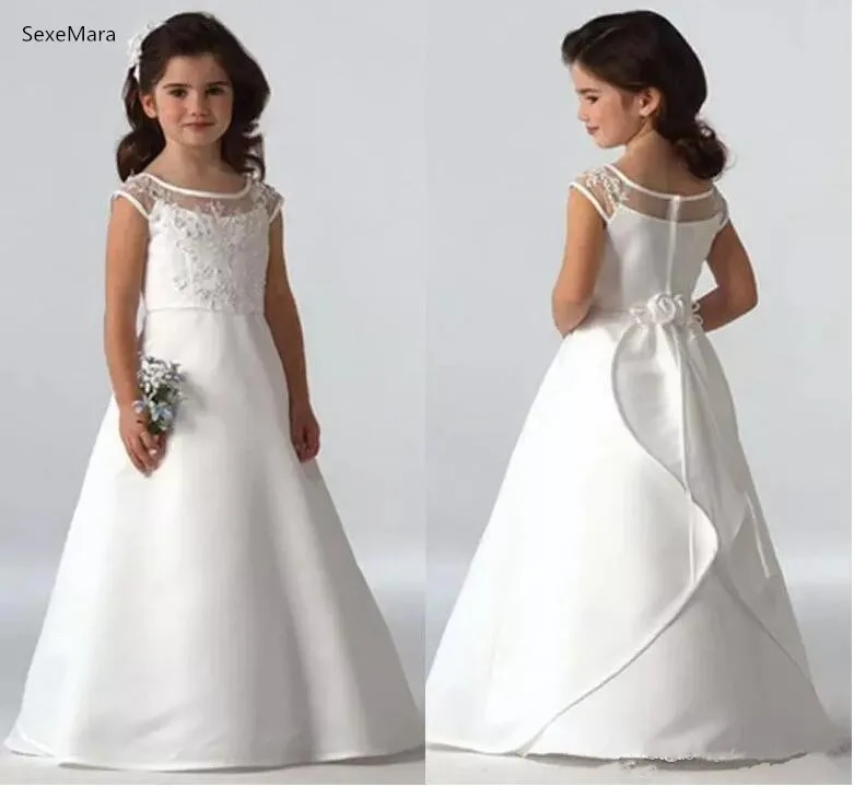 

Custom Made Flower Girls Dresses For Weddings Cap Sleeves Satin Floor Length A Line First Communion Dresses For Girls