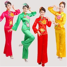 Женская обувь пион вышивка танцевальные костюмы Yangko с красным, зеленое, с длинным рукавом вентилятор барабан с поясным ремнем для среднего возраста; национальная группа квадратный Танцы